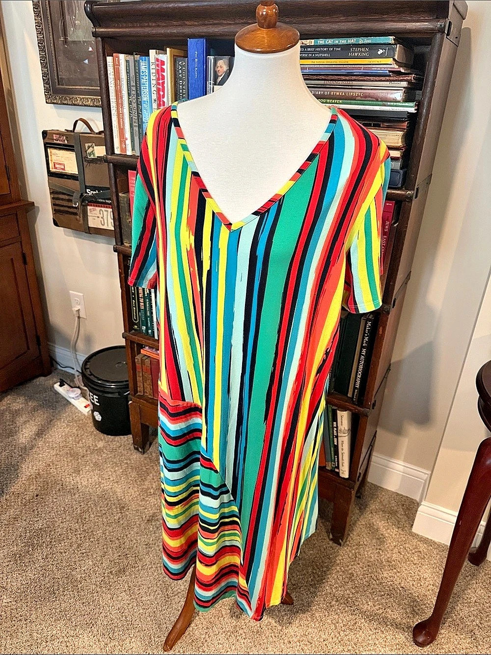 Multicolor Striped V-Neck Midi Dress Like New